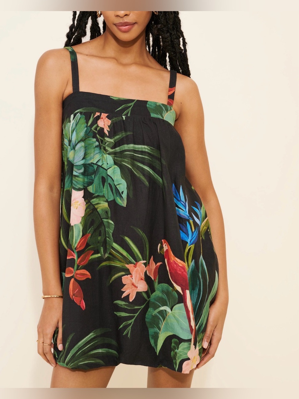 Farm Rio Midnight Macaw Fiesta Linen Blend Mini Dress size S